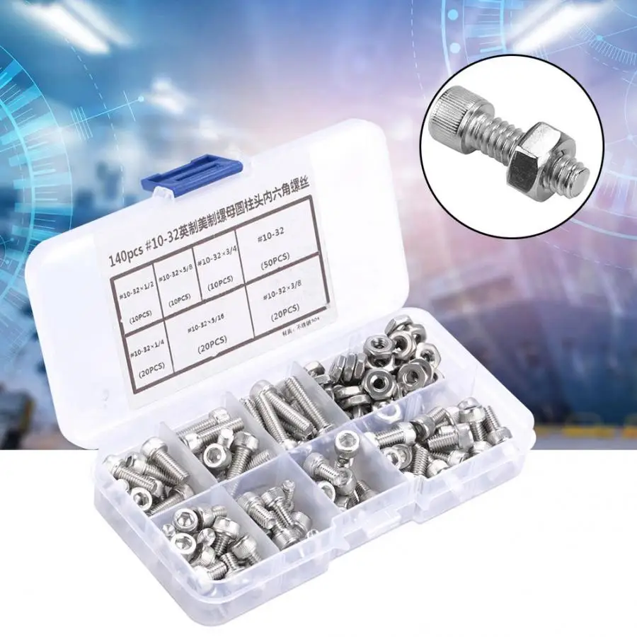 

140Pcs #10-32 Stainless Steel Hex Socket Screws Cap Head Screws Bolts Hex Screws Assortment Kit tornillos para madera