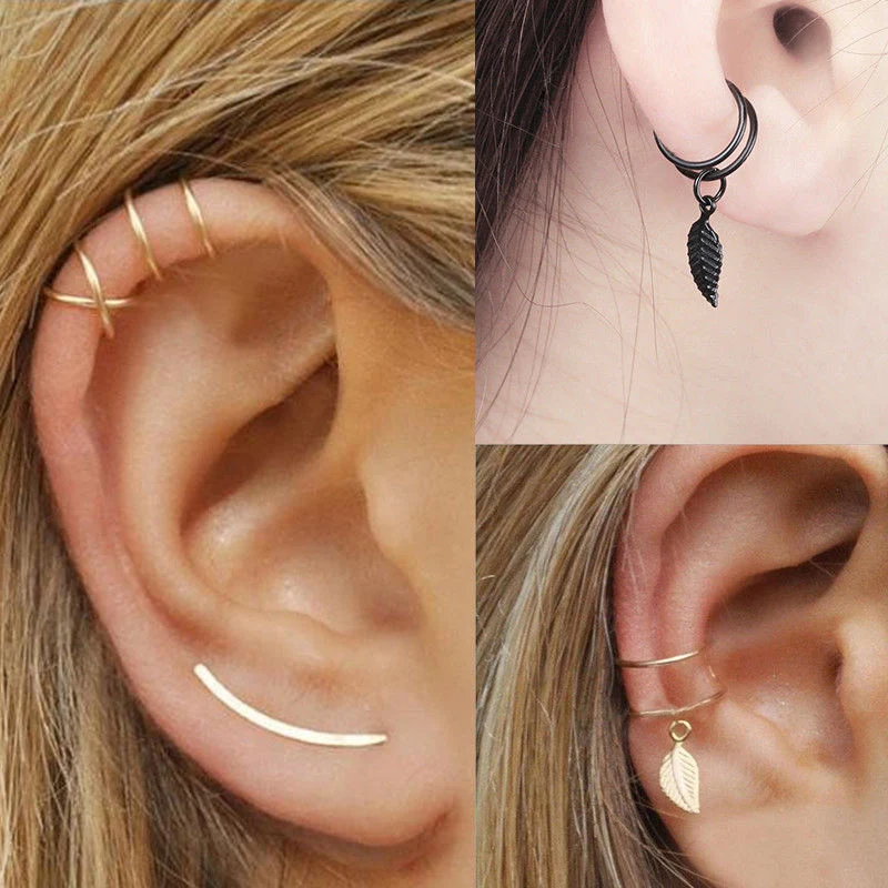 

Fashion No Pierced Ear Clip Cuff Wrap Earrings Leaf Feather Pendant Non-piercing Clip Earrings for Women Party Statement Jewelry