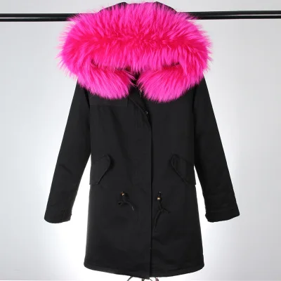 Furlove Women Winter Parkas Large Real Raccon Fur Parka Pink Faux Fur Liner Thickening Long Jacket Overcoat - Цвет: color 21