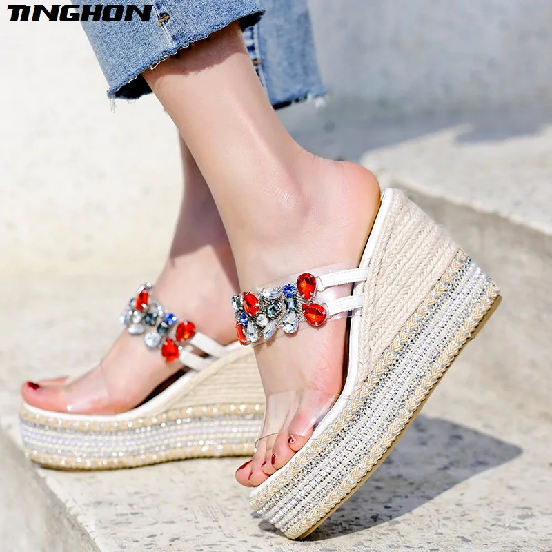

TINGHON Summer Wedge Slippers Platform High Heels Women Color Rhinestone Outside Shoes Wedge Slipper Flip Flop Sandals