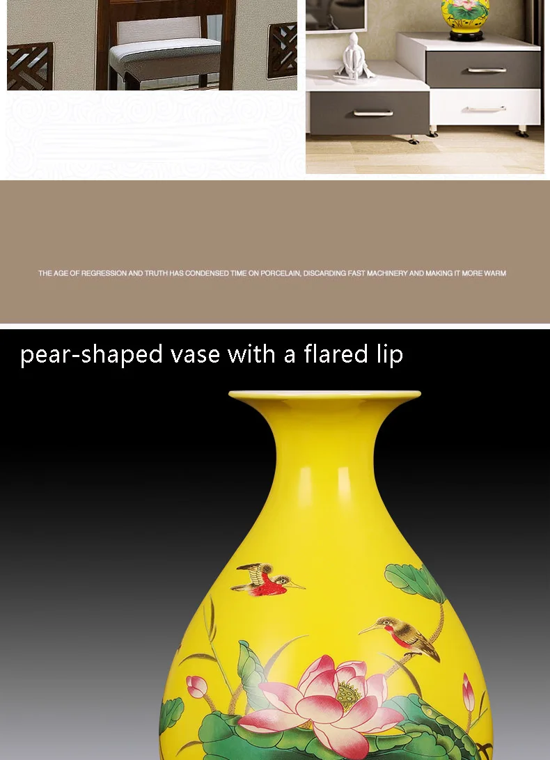 Антикварная дзиндечженьская желтый Лотос пруд керамическая ваза стол аксессуары ремесла ваза китайская ваза