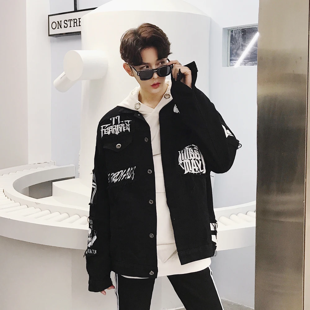 

Jeans Jacket Men Casual Pocket Patchwork letter printing hole Hip Hop Streetwear Male Denim Jacket US S