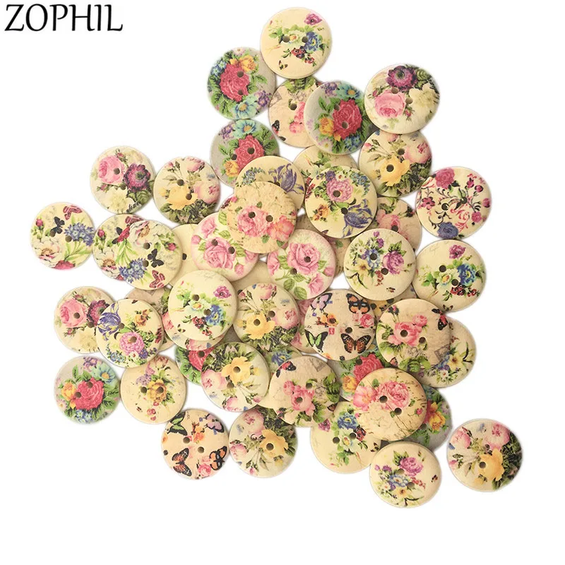 

ZOPHIL 20mm 50Pcs 2 Holes Wooden Buttons Vintage Plant Style Sewing Scrapbooking Accessories DIY Sew Craft Decorative Wood