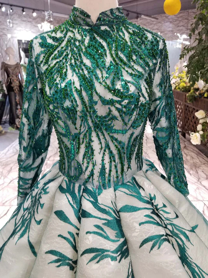 LSS141 бальное платье платья для вечеринок зеленое кружевное с высоким вырезом длиной до пола мусульманское вечернее платье длинное