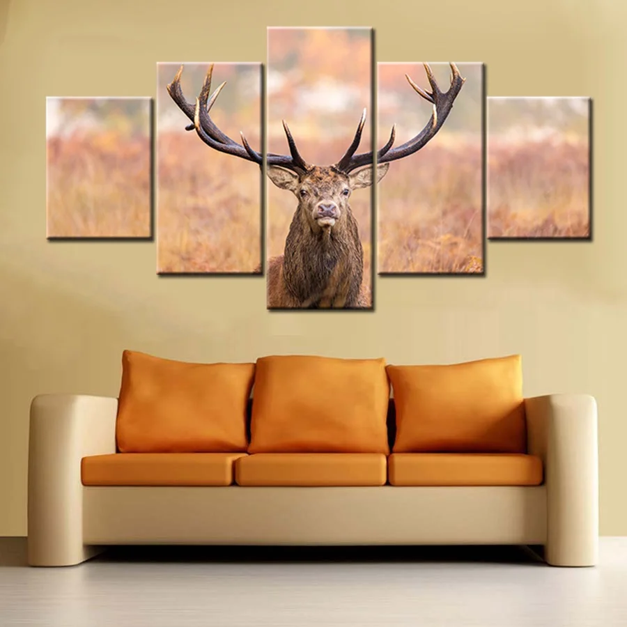 5 Panel Deer Wall Art Canvas Prints Buck Buckhorn Grass Foggy Field