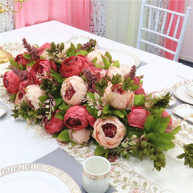 Custom luxury DIY wedding decor table flower runner artificial flower row arrangement table centerpieces rose peonies green leaf - Цвет: Champagne red