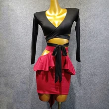 Сексуальные топы для латинских танцев/юбка Женский костюм черный/красный/синий танцевальная юбка Фламенго современный/Румба латиноамериканские танцы одежда VDB460