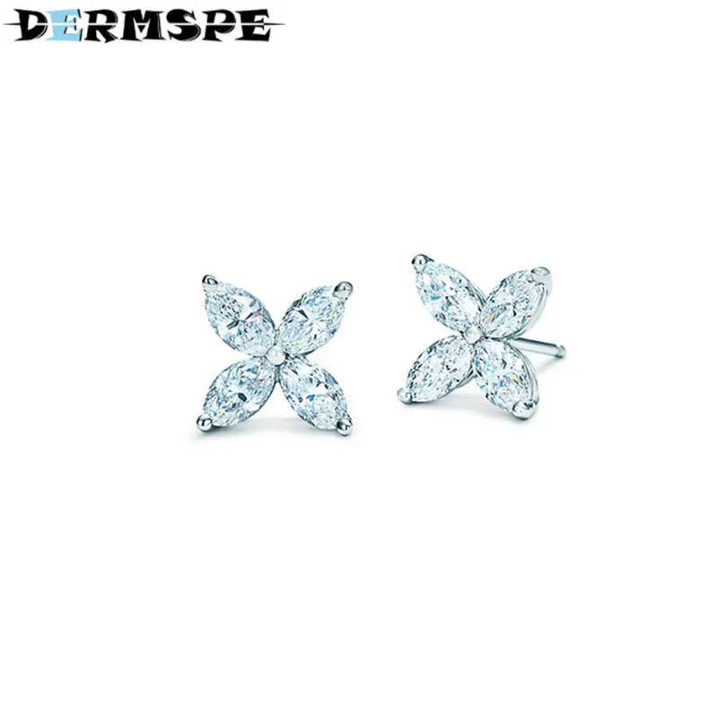 

DERMSPE TIFF 925 Sterling Silver Jewelry Zircon Clover Earrings Fashion Ladies Elegant Zircon Flower Flower Ear Studs DIY Gift
