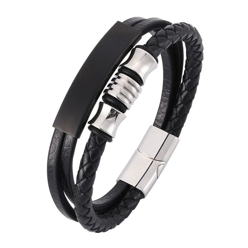 

Fashion Geometrically Irregular Graphics Stainless Steel Genuine Leather Bracelet Black Color Accessories Jewelry For Men BB0372