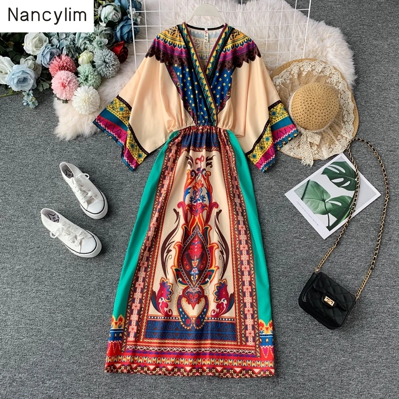 

National Style Long Dress Women 2019 Summer New V-collar Beach Dresses Girls Ladies Maxi Dress Female Holiday Seaside Wear