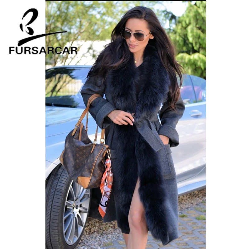 FURSARCAR Luxury New Real Fur Coat Women Winter Wool Skin Jacket With Long Fox Fur Collar High Quality Fur Coat