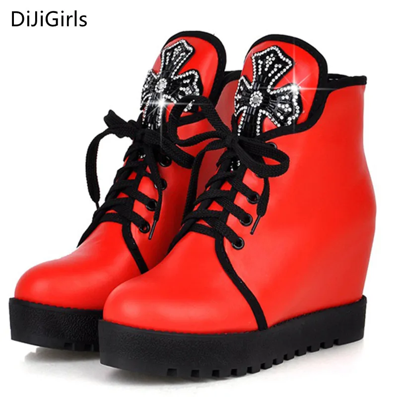 

TOP Women Wedge Boots Waterproof Platforms Lace Fashion High Top Shoes Rhinestone Ankle Boots Leather women Autumn Boots Bottine