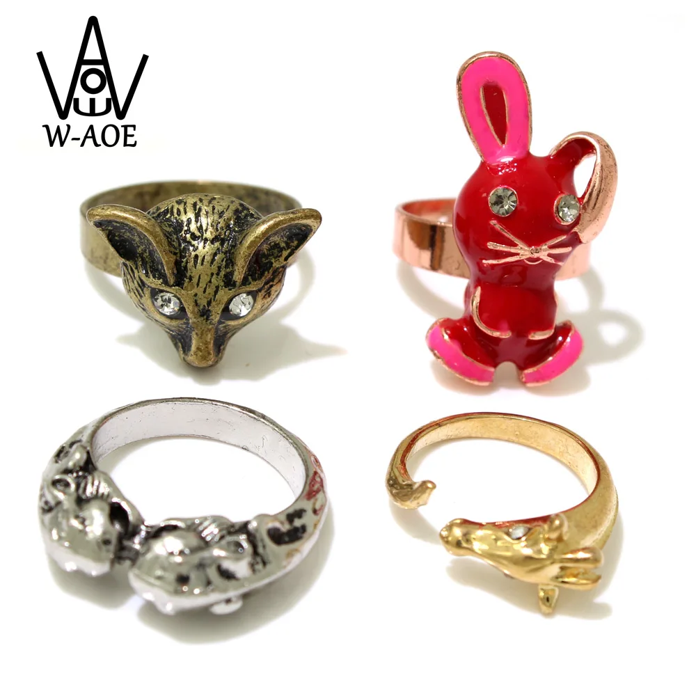 

4 Pcs/set Fashion Jewelry Vintage Cute Animal Rings For Women 3D Cartoon Lovely Rabbit Fox Mice Giraffe Rings Set Party Gift