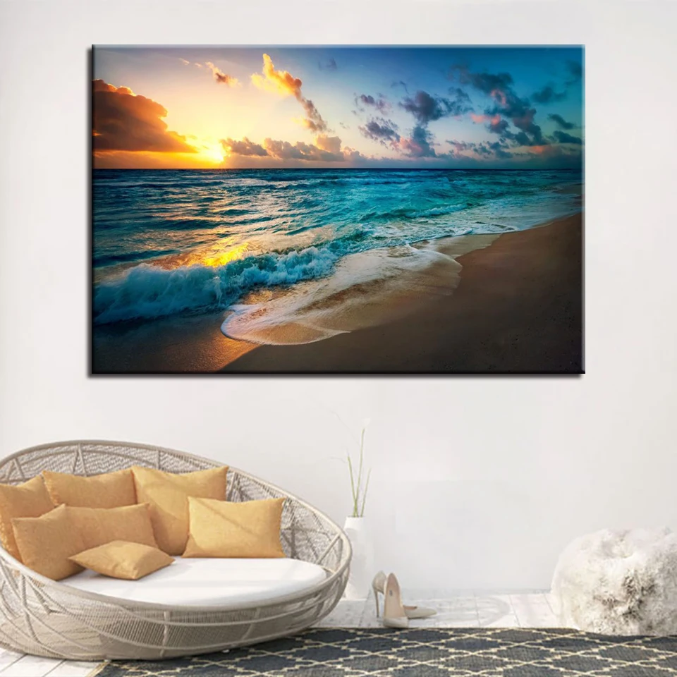Холст HD принты картины Домашний декор 1 шт. закат пляж морской пейзаж картины гостиная стены искусства морские волны плакат рамки