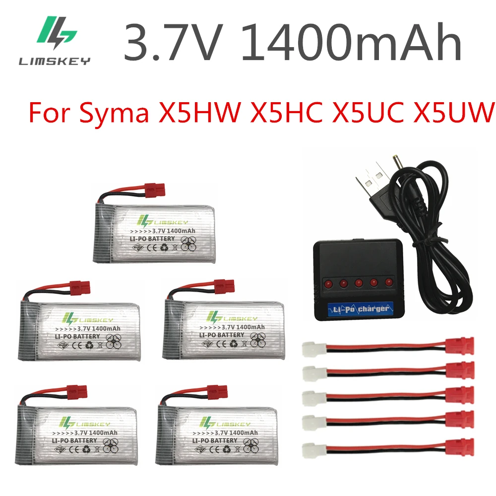 

Limskey 3.7V 1400mAh LiPo Battery for SYMA X5SW X5SC X5HW X5HC X5UW battery with Charger RC Drone 3.7 V 1400 mah Lipo Battery