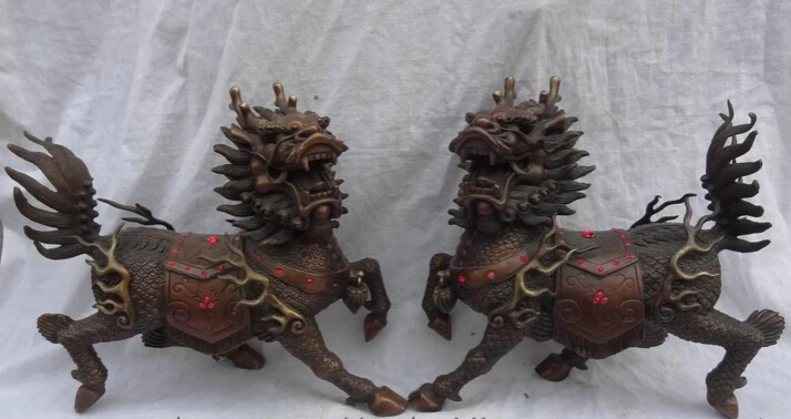 

JP S0285 10" Folk Chinese Pure Bronze Guardian FengShui Wealth Dragon Kylin Statue Pair