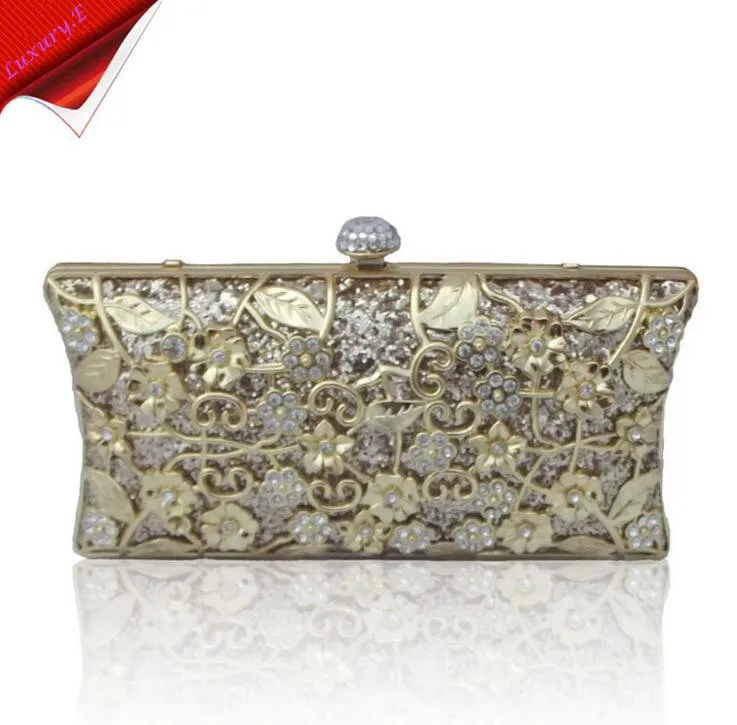 New Fashion Golden Hollow Out Handbags Women Luxury Rhinestone Chain Shoulder Clutches Girl Bridal party Wedding purse