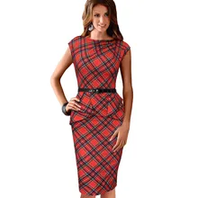 free shipping New Women’s Vintage Elegant Belted Tartan Peplum Ruched Tunic Work Cap Sleeve Bodycon Sheath Dress