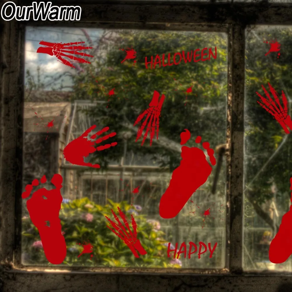 

OurWarm Halloween Party DIY Decoration Red Bloody Window Sticker Handprint Footprint Window Clings Halloween Decoration for Home