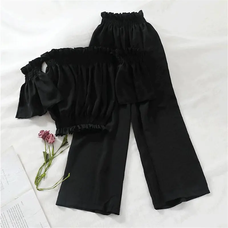 Woherb, женский костюм, комплект из двух предметов, Blusas, Сексуальная рубашка с открытыми плечами, блузка с оборками, укороченный топ+ штаны, наряды, Ensemble Femme 20962 - Цвет: Черный