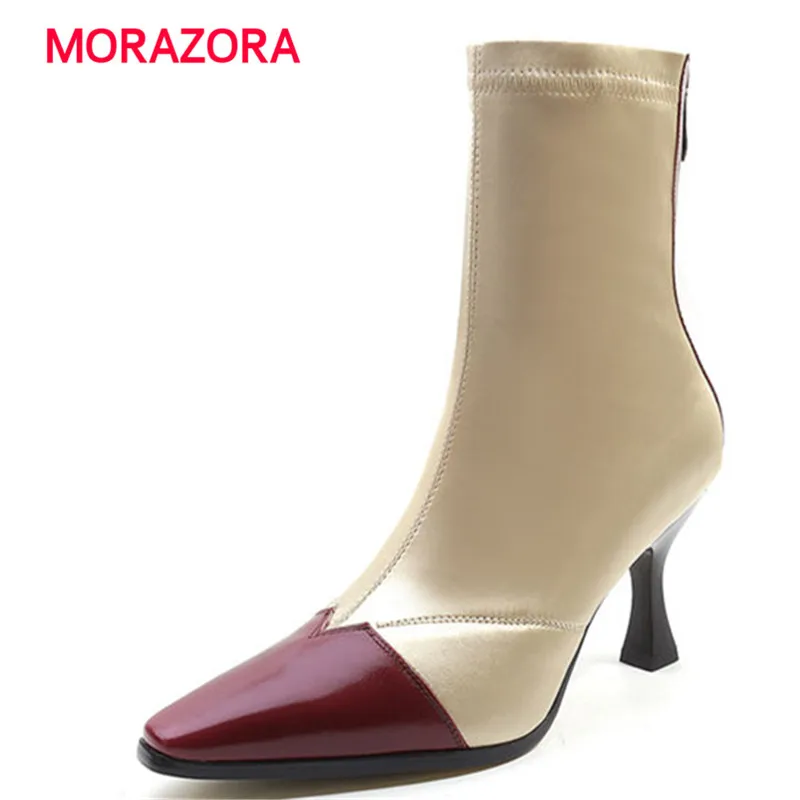 

MORAZORA big size autumn winter stiletto heel ankle boots for women stretch fabric+genuine leather boots sexy high heel boots