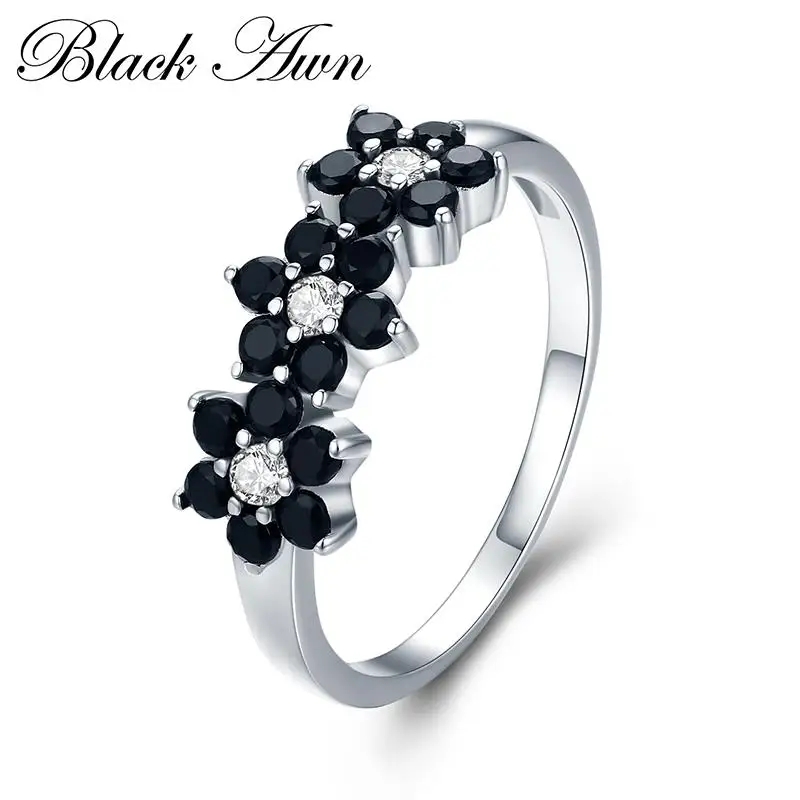 Black Awn милые 925 пробы серебряные ювелирные изделия цветок Bague черная шпинель свадебные кольца для женщин и девушек вечерние подарки CC464