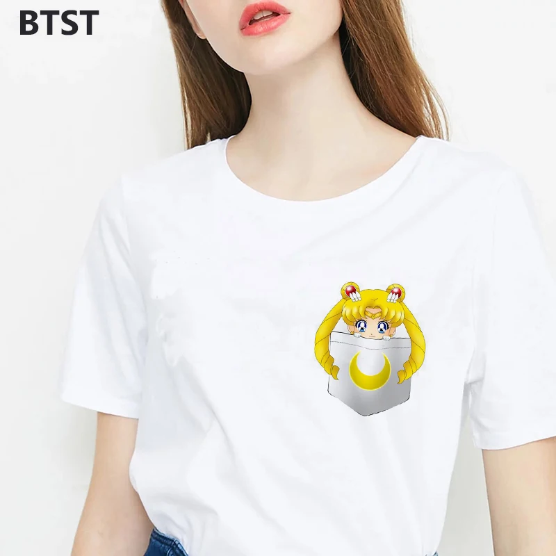 

Sailor Moon Pocket Print T-shirts for Women Cotton Gothic Streetwear Harajuku Womens Clothing Graphic T Shirts 90s Punk Kawaii