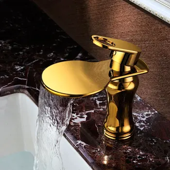 Price Luxury Solid Brass Gold Finished Bathroom Sink Waterfall Faucet Golden Basin Hot And Cold Water Mixer Tap Faucet