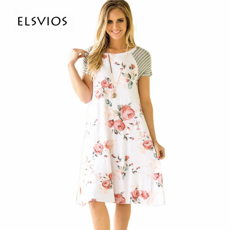 

ELSVIOS Summer Floral Printed Loose A-Line Dress Women O Neck Short Sleeve Patchwork Dresses Casual Sundress Female Vestidos