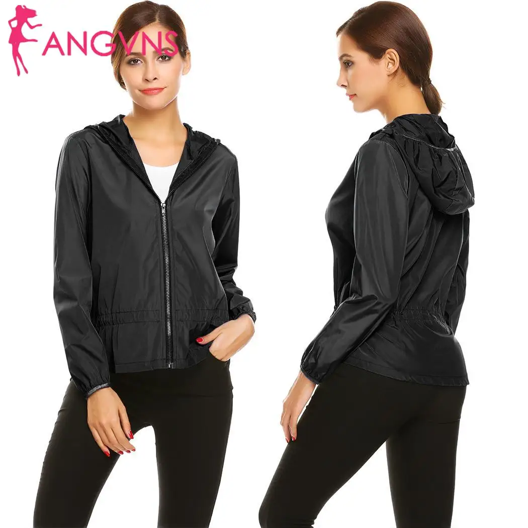 Front Waist Up Long Women Zipper Drawstring Waterproof Hooded Jackets