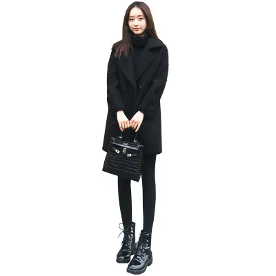 Модное женское осеннее и зимнее Новое корейское модное женское свободное тонкое черное шерстяное пальто длинное шерстяное Женское пальто Высокое качество