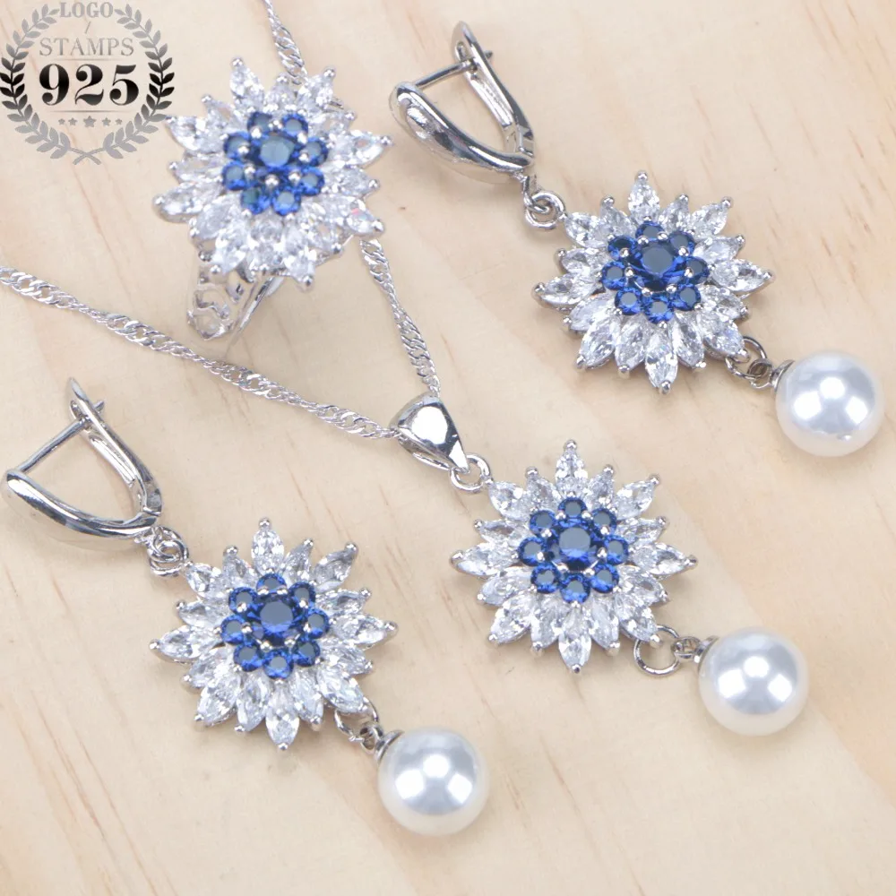 

Wedding Blue Cubic Zirconia Silver 925 Bridal Jewelry Sets Stone Pearl Earrings Pendant Necklace Rings For Women Set Gifts