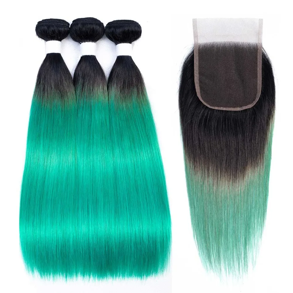 

Brazilian Straight Hair Bundles With Closure OT Emerald Color Ombre Remy Human Hair Bundles With Closure 3 Bundles With Closure