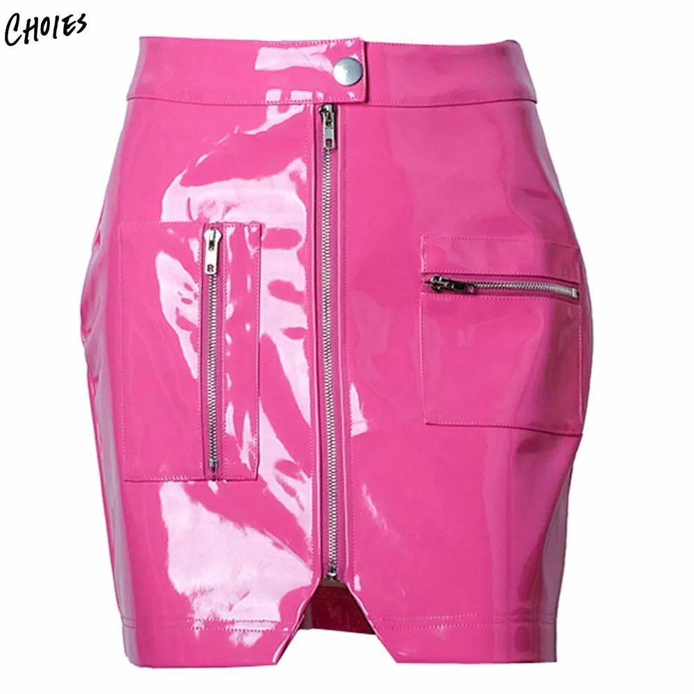 Pink High Waist Buckles Zip Front Leather Look Pencil Mini Skirt Women ...