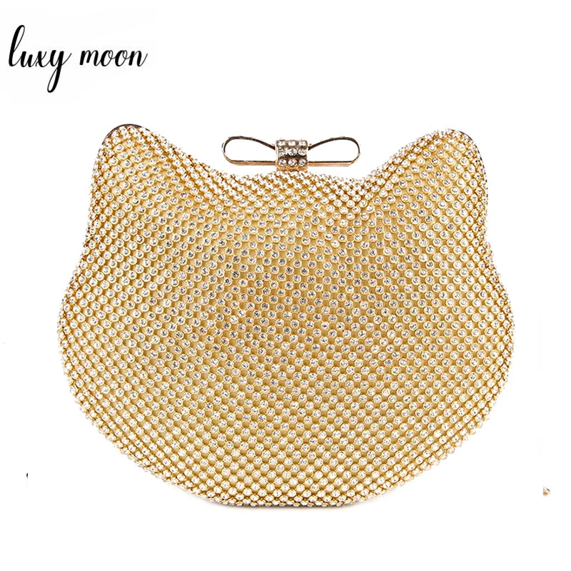 Bolsas de Noite Moda Luxo Diamante Prata Cabeça Gato Ouro Strass Embreagem Arco nó Cristal Bolsa Glitter Feminina 1272