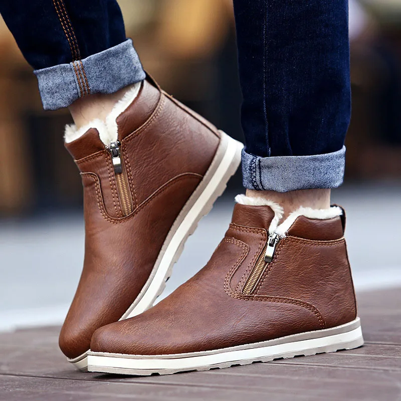 

New Men Winter Fashion Ankle PU Flat Boots Round Toe Zippers Sewing Solid Casual Plush Warm Male Shoes Plus Size 44
