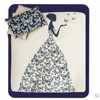 

New black white cat Thickening bedding set 4pcs king duvet cover bed sheet linens Elastic band bedspread leaf beauty butterfly