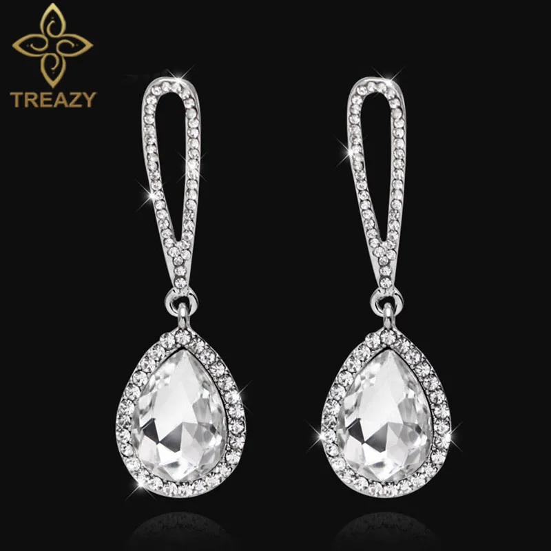 

TREAZY New Vintage Crystal Drop Earrings for Women Fashion Silver Plated Rhinestone Long Dangle Earrings Wedding Party Brincos