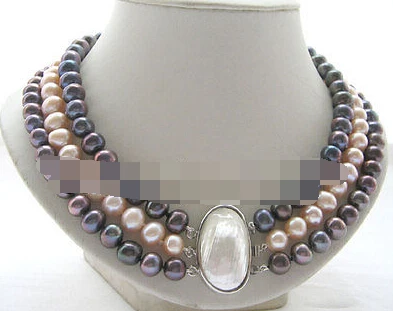 

0642 "3row natural black pink round freshwater pearl necklace
