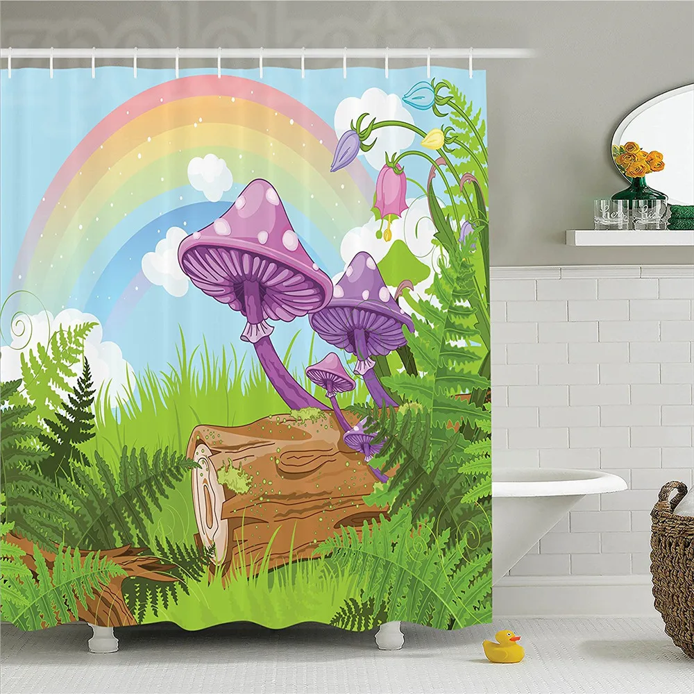 Goedkoop Paddestoel Decor Douchegordijn Set Fantastische Landschap Met Hout Hout Op Het Gras En Regenboog Fungus Kruiden Bladeren Weed Kunstwerk