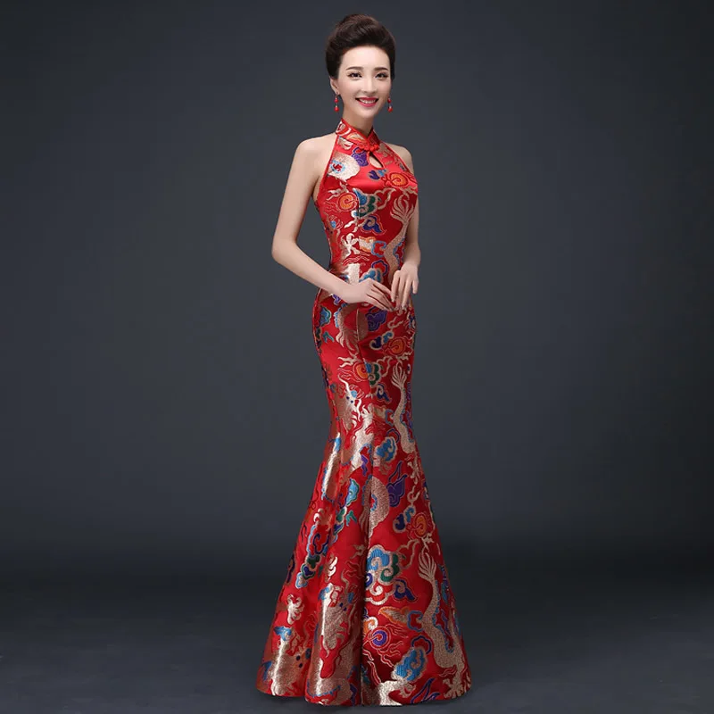 Китайское традиционное платье Красный Qipao Oriental вечернее для женщин спинки Cheongsam Восточно-китайское платье Chines длинные Qi Pao QL
