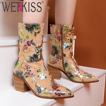 

WETKISS Print Western Ankle Boots Women Cuban Heel High Booties Pointed Toe Shoes Female Exotic Shoes Ladies Winter Plus Size 44