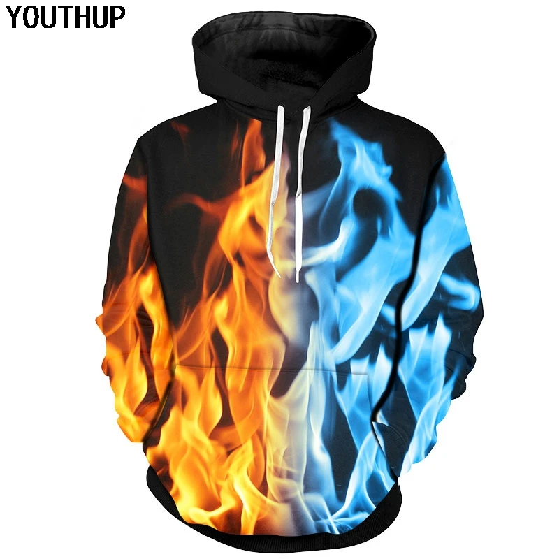 YOUTHUP 2018 Men 3d Hoodies Ice & Fire Flame 3d Print Hooded