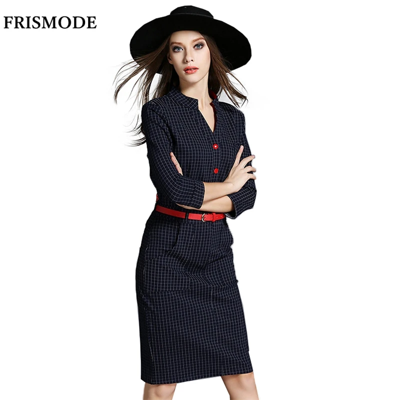 Female V neck Three Quarter/long Sleeve Work Dresses 2016 Autumn Winter