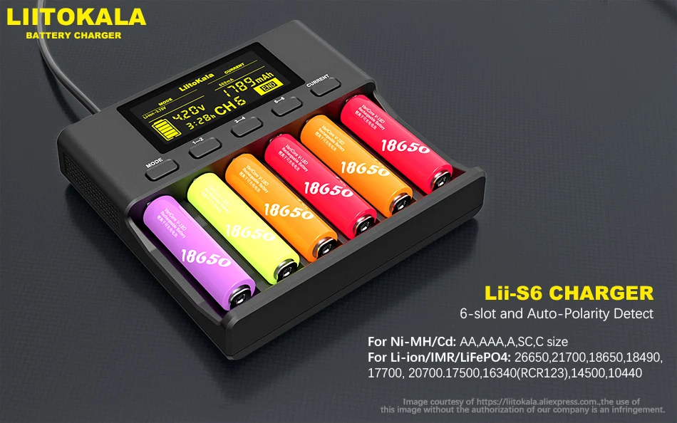 LiitoKala Lii-S6 Battery charger 18650 Charger 6-Slot Auto-Polarity Detect For 18650 26650 21700 32650 AA AAA batteries