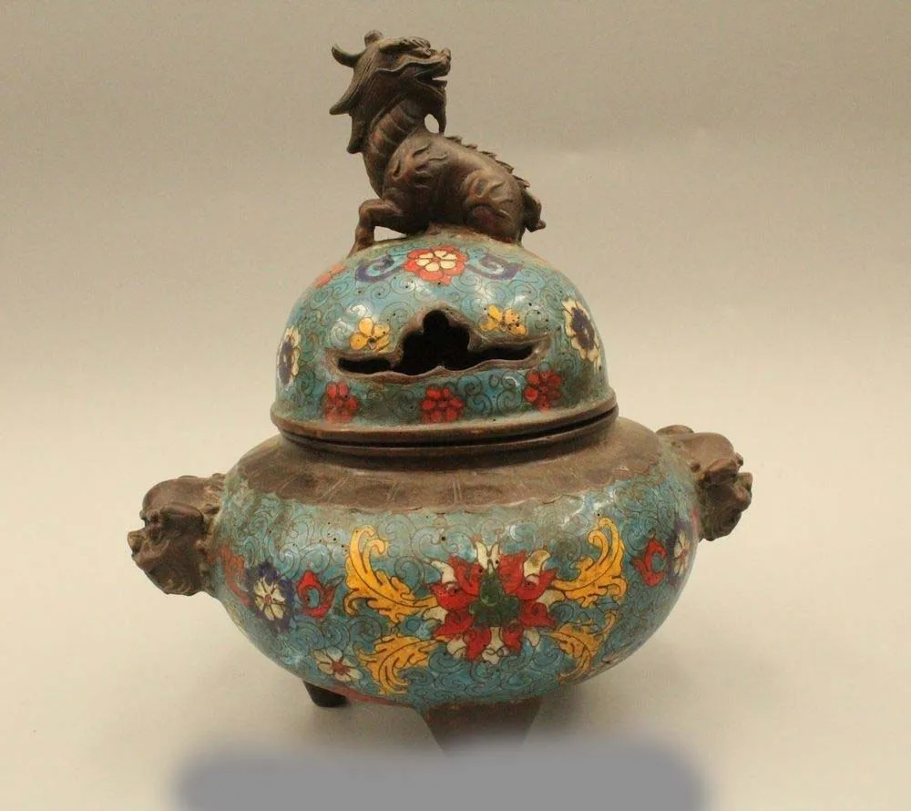 

9" Marked Chinese Dynasty Bronze Cloisonne Kylin Foo Dog Incense Burner Censer