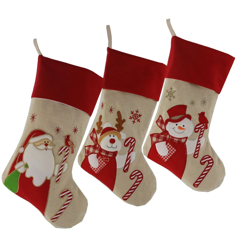 

Free Shipping Lovely Christmas Stockings Set of 3 Santa, Reindeer, Snowman Xmas Character 3D Plush Linen Hanging Tag Knit Border