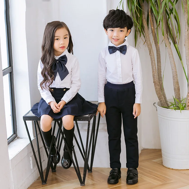 Детская Корейская японская школьная форма для девочек и мальчиков; детская рубашка; Топ; плиссированная юбка; брюки; галстук; одежда; W49