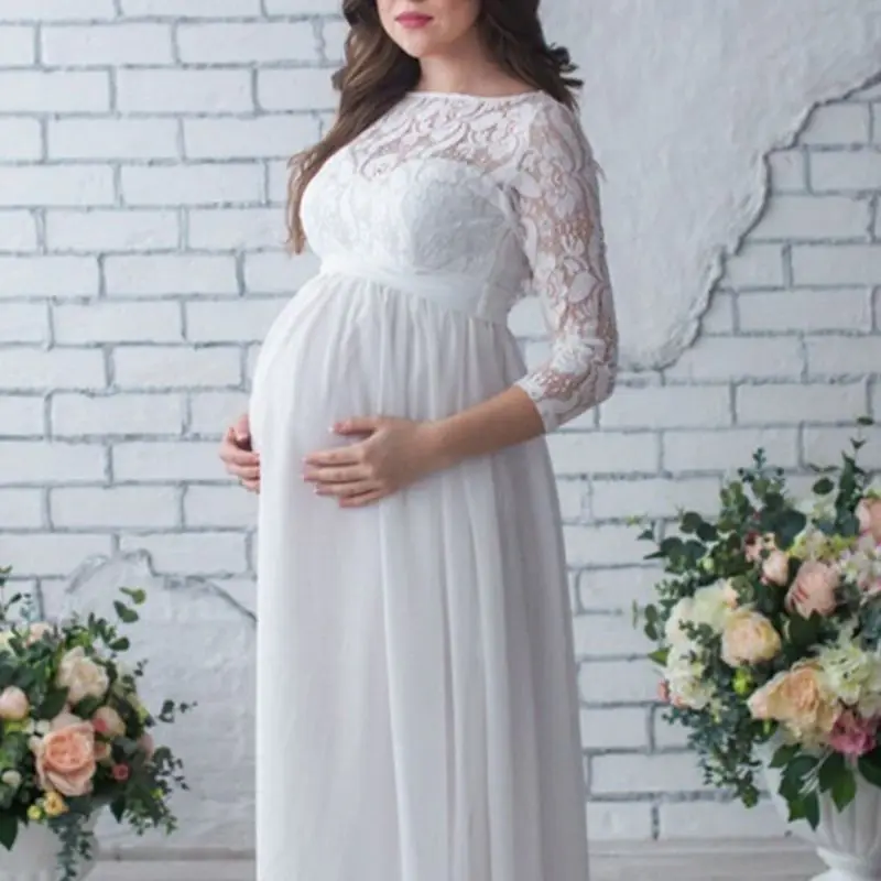 

Elegant Pregnancy Dress for Wedding Party Long Sleeve White Lace Dress for Pregnant Women Pleated Casual Long Maternity Dresses