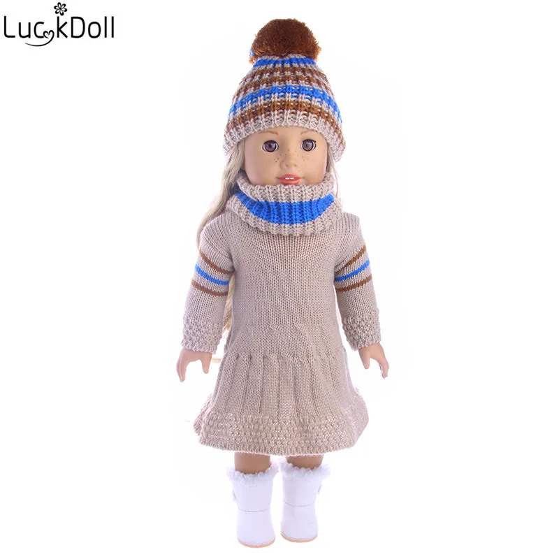 LUCKDOLL шляпа ручной работы+ шарф+ платье подходит 18 дюймов Американский 43cmBabyDoll одежда аксессуары, игрушки для девочек, поколение, подарок на день рождения